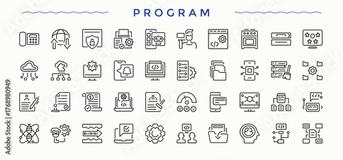 Program icon set. Development icon set. Includes thin line symbols development, web, coding, app, technology and more. Signs for web and mobile app.