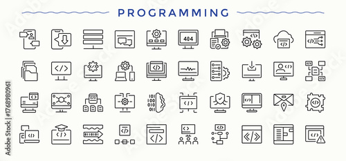 Set of Programming line icon. Included programming coding, program, software, app, development. Minimal linear icons. Website icon set. Pixel perfect. Vector illustration.