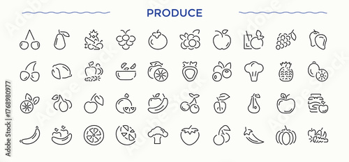 Produce modern icon set. Agriculture icon set. Thin icons set. Included field, agriculture, agronomy, gardening, plantation, farm, farmer and more. Editable stroke. Vector collection.