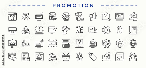 Promotion icon set. Minimal icons pack. Editable vector. Digital Marketing icon set. Contain linear sign sales boosting, marketing social media marketing, online promotion and more.