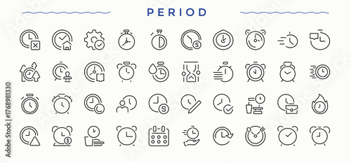 Period icon set. Timer vector icon set. Pack of alarm, date, time, duration, countdown, sandglass and more. Editable vector. Pixel perfect.