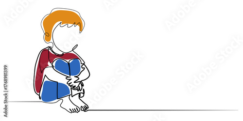 Minimalist line art of a child sad and sitting alone. Abstract line art of a child sad and feeling alone.