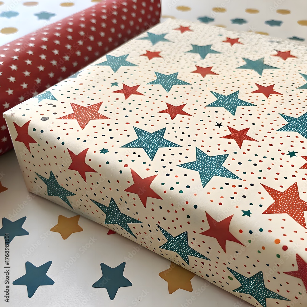 Obraz premium Bold Color Mix Stars & Dots Pattern on Gift Wrap. Repeating tiny stars and dots in a bold color mix over textured gift wrap surface—vibrant festive motif.