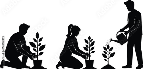 Planting trees in city urban gardening community project concept editable vector
