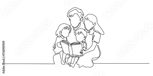 Continuous line drawing of a family reading a book together. One line art showing parents and children sitting closely, symbolizing love, learning, and togetherness.