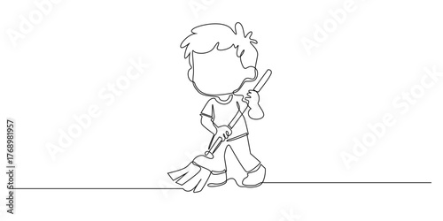 Continuous line drawing of a child sweeping the floor. Simple one line art illustration showing a kid holding a broom while cleaning, symbolizing responsibility, discipline, and cleanliness.