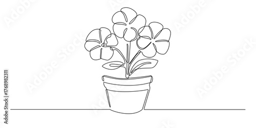 Continuous line drawing of a potted flower plant with blooming petals and leaves.
Simple one line art illustration of a flower pot representing growth, nature, and beauty in minimal style.