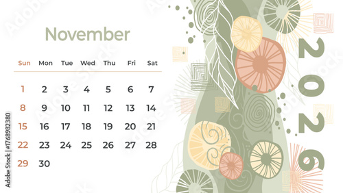 Beautifully hand-drawn November 2026 calendar