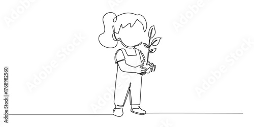 Continuous line drawing of a little girl holding a small plant.
Simple one line art child nurturing a growing seedling, symbolizing care for nature, growth, and environmental awareness.