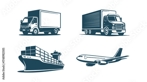 Logistics icons set featuring truck ship airplane for delivery and shipping services vector