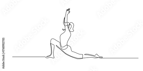 Continuous line drawing of a woman doing yoga pose.one line art illustration a woman stretching in a low lunge position with arms raised, symbolizing balance, mindfulness, flexibility, and inner peace