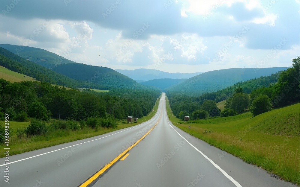 Fototapeta premium Scenic view of an open highway and rolling hills in Vermont. High quality