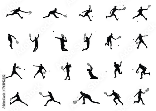 Set of silhouettes of tennis players in different poses. Tennis athlete. Outdoor sports. Vector illustration.