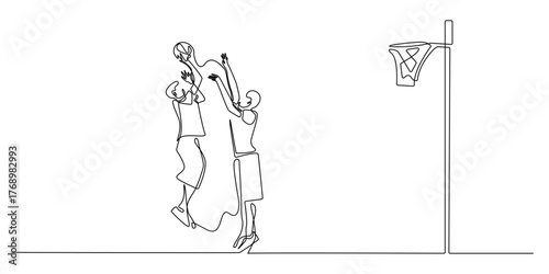 Continuous line drawing of basketball players jumping to score near the hoop. One line art illustration showing teamwork, competition, and athletic energy in the game.