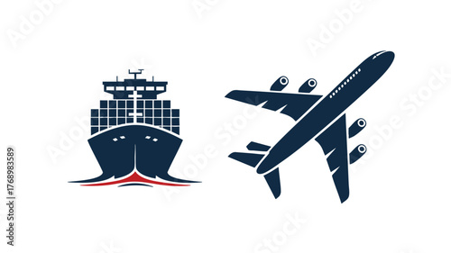 Iconic cargo ship and airplane symbols for global shipping and transportation services vector