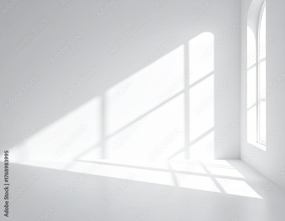 Fototapeta premium Bright White Minimalist Room with Arched Window and Dramatic Sunlight Shadows