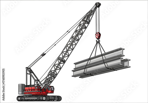 A red crane with a lattice boom lifts two steel Ibeams with cables and a hook