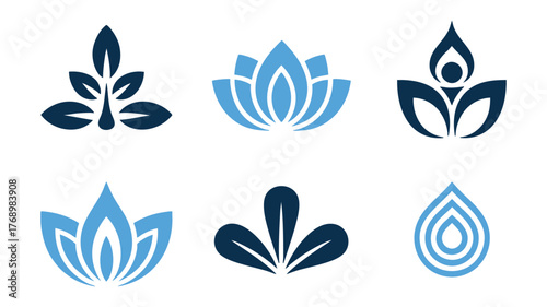 Collection of serene blue and dark floral and botanical logo icons for wellness and yoga brands vector