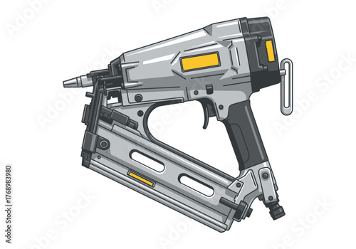 Gray pneumatic nail gun with yellow accents