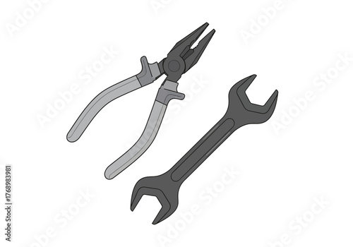 Pliers and a wrench are drawn on a white background