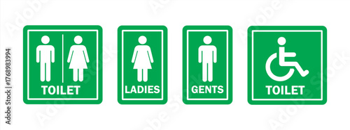 Toilet icons set. Men and women restroom icon sign right arrow. Disabled wheelchair icon. Vector Illustration