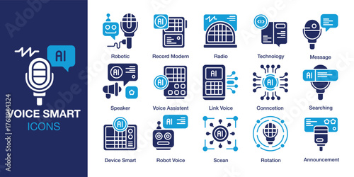 Voice Smart icon set. Containing command, control, recognition, dictation, transcription and more. Solid vector icons collection. Vector illustration.