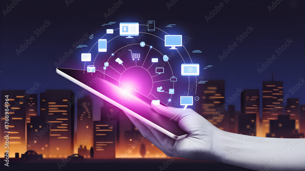 Obraz premium Digital Transformation and Connectivity Tablet Displaying a Network of Technology Icons in a Futuristic Cityscape at Night