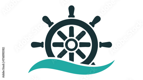 Nautical helm ship wheel emblem with wavy water maritime symbol marine logo vector
