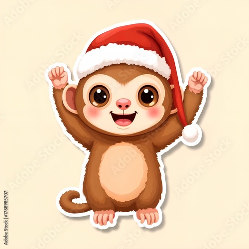 super excited cartoon baby monkey big eyes wearing santa hat cheering arms up energetic character ready fun wild christmas party