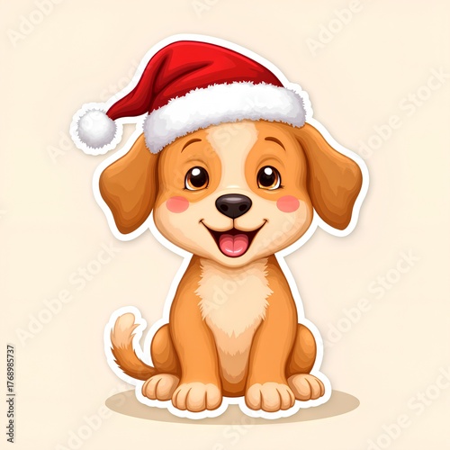 adorable golden puppy cartoon sitting happy smile wearing festive red santa hat cute friendly dog character perfect pet lovers christmas season