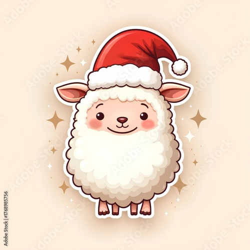 adorable fluffy sheep rosy cheeks wearing santa hat surrounded magical sparkles gentle farm animal character perfect peaceful sweet christmas