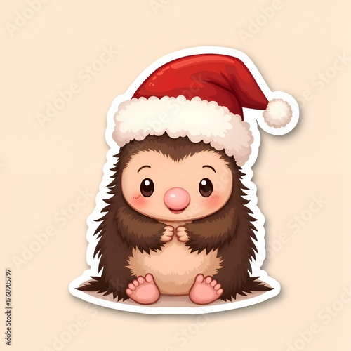 shy sweet cartoon hedgehog fluffy spines sitting wearing festive santa hat adorable woodland creature perfect gentle cozy christmas design