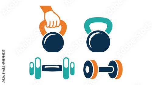 Fitness equipment icons hand holding dumbbell kettlebell and weightlifting gear vector