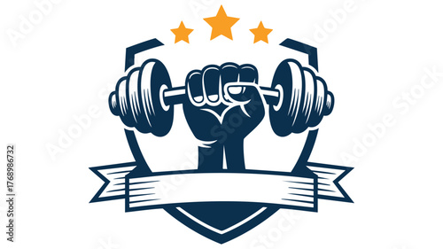 Powerful fist holding dumbbell emblem with stars and banner for fitness motivation vector