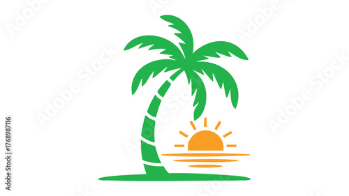 Tropical palm tree and sunset over water logo design for tropical destinations vector