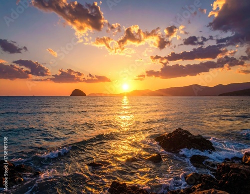 Golden Hour Serenity - A Coastal Sunsets Radiant Embrace.