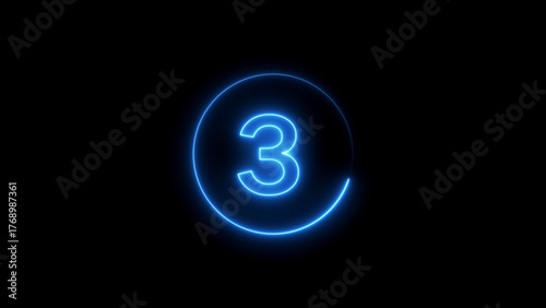 Blue Neon Number 3 Inside a Circle on Black Background three