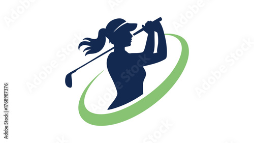 Dynamic female golfer silhouette swinging golf club motion graphic element vector