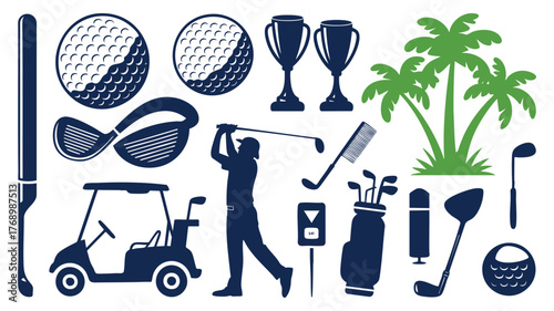 Golf icon set collection featuring golfer cart balls trophies and palm trees for sports design vector