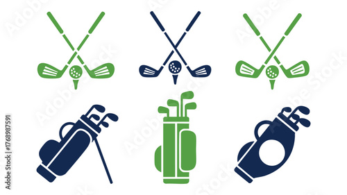 Set of three golf club icons and golf bag icons for sports and recreation design vector