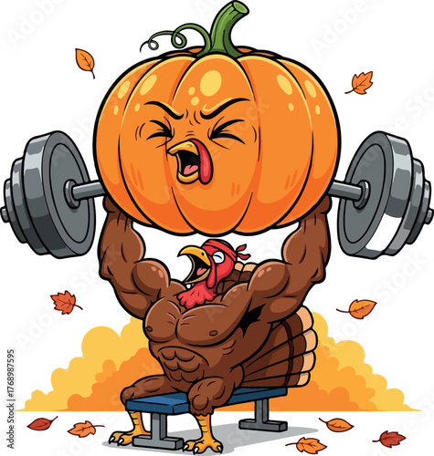 Buff cartoon turkey powerfully lifts a pumpkin barbell while sitting on the weight bench