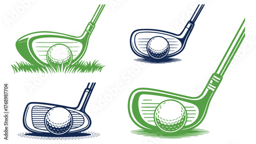Golf club heads and balls detailed artistic renderings in four dynamic angles vector