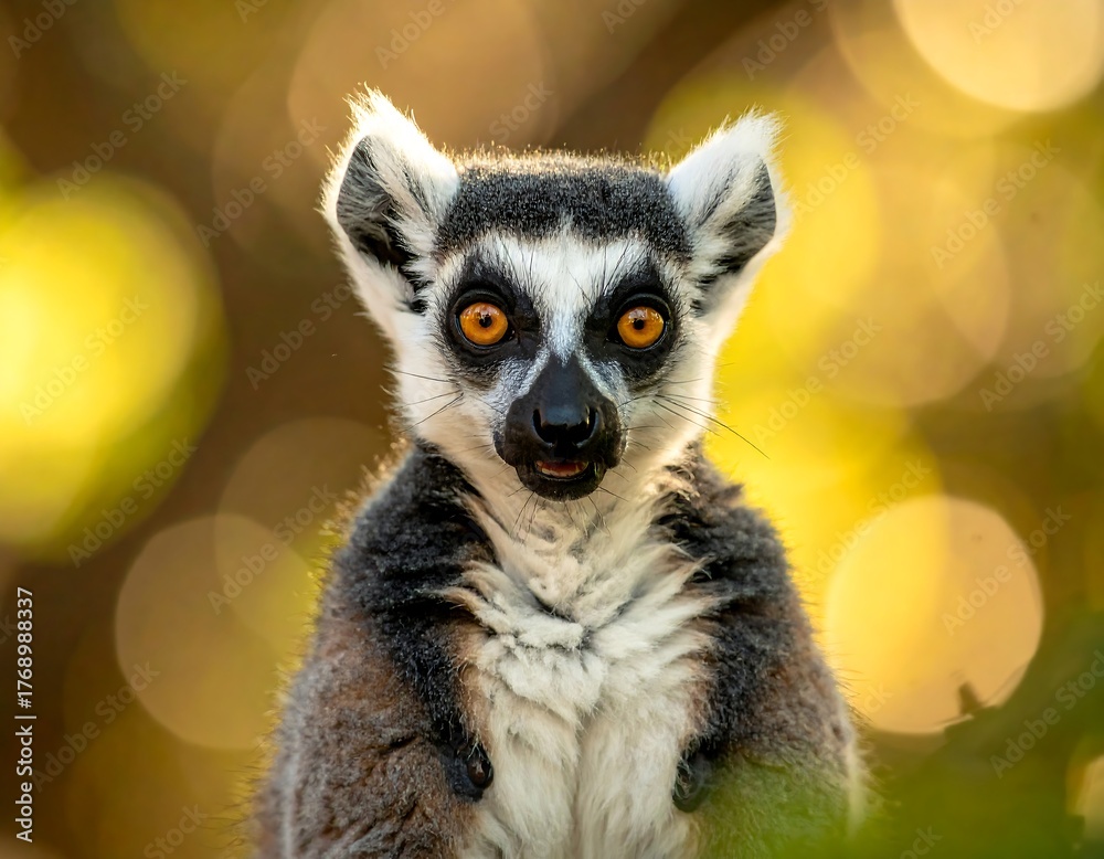 Naklejka premium A ring-tailed lemur stares with wide eyes, backlit by warm sunlight