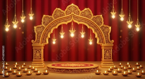 Elegant Indian Wedding Stage Decoration with Lights and Red Backdrop.