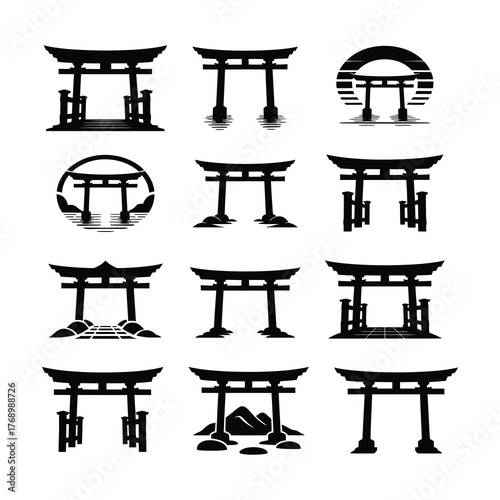 Traditional & Modern Torii Gate Vector Pack — Black Silhouettes Set.