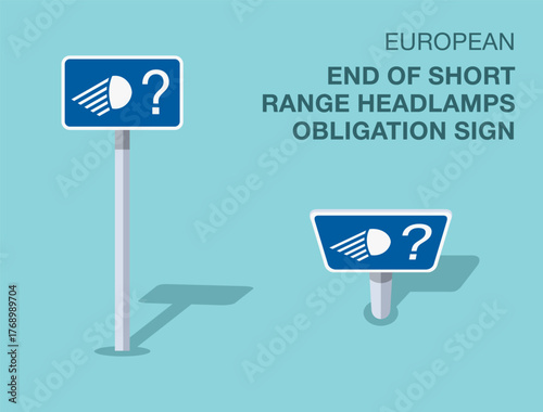 Traffic regulation rules. Isolated european "end of short range headlamps obligation" road sign. Front and top view. Flat vector illustration template.
