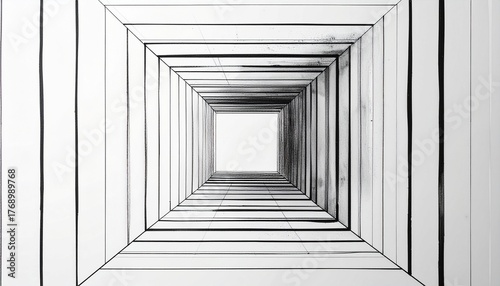 Abstract minimalist line art background with thin black lines forming a geometric pattern and a centered blank square for copy space.