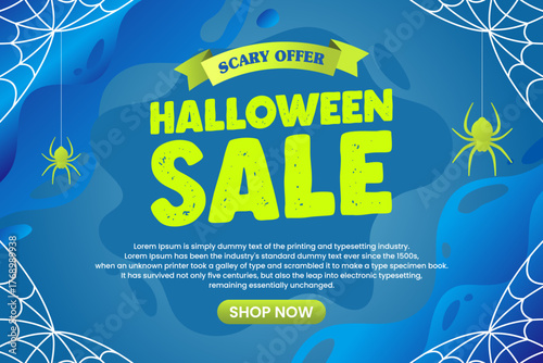 Blue background Halloween sales banner layout design with a spooky design. Design illustration.