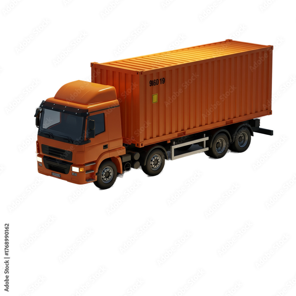 Fototapeta premium Orange Semi Truck with Shipping Container Realistic 3D Rendering