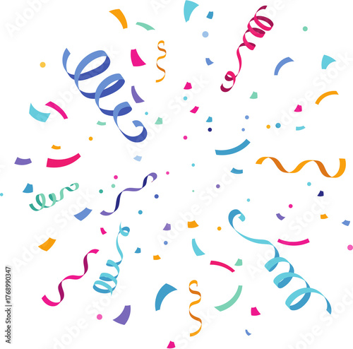 Party Confetti Birthday party confetti background, festive ribbons and streamer paper spiral stripes, cartoon vector. Colorful confetti Celebration confetti background Falling colorful confetti